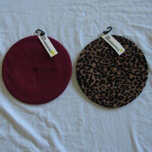 NWT Lot of 2 No Boundaries Wool Blend Beret Hats O/S Leopard Print Raspberry